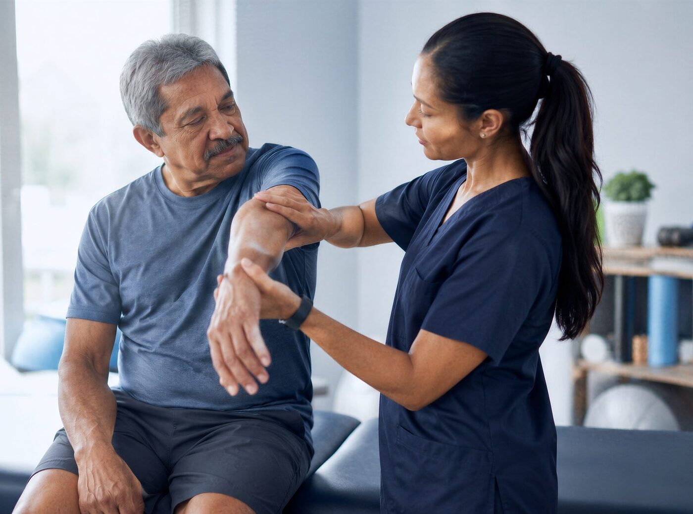 A physical therapist working through arm mobility with an older patient in the clinic