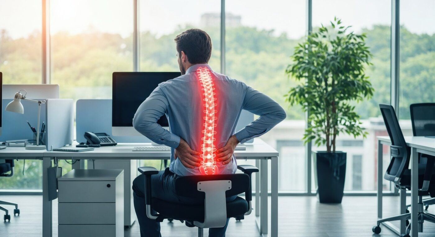 An office worker at a desk showing lower-back discomfort from poor posture
