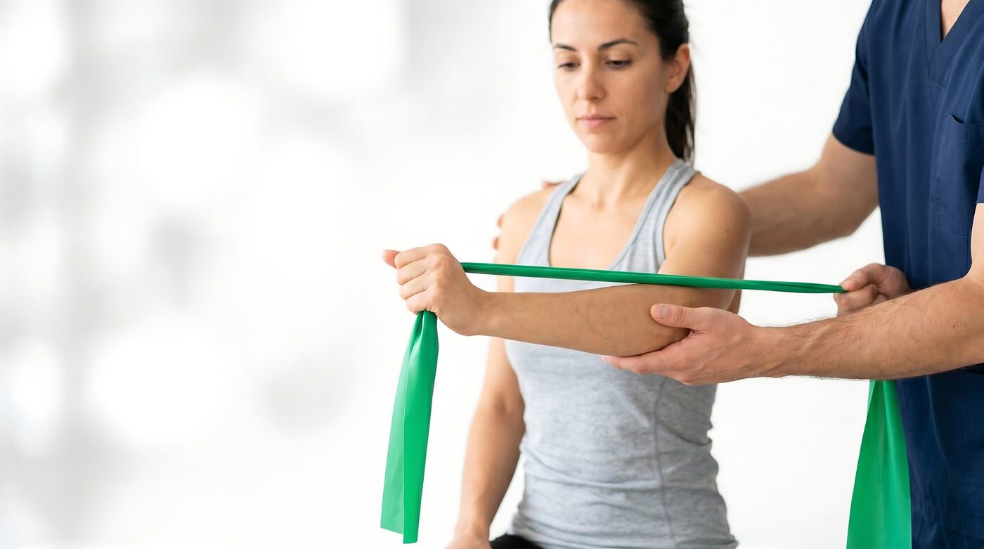 A therapist guiding a patient through a resistance band shoulder exercise