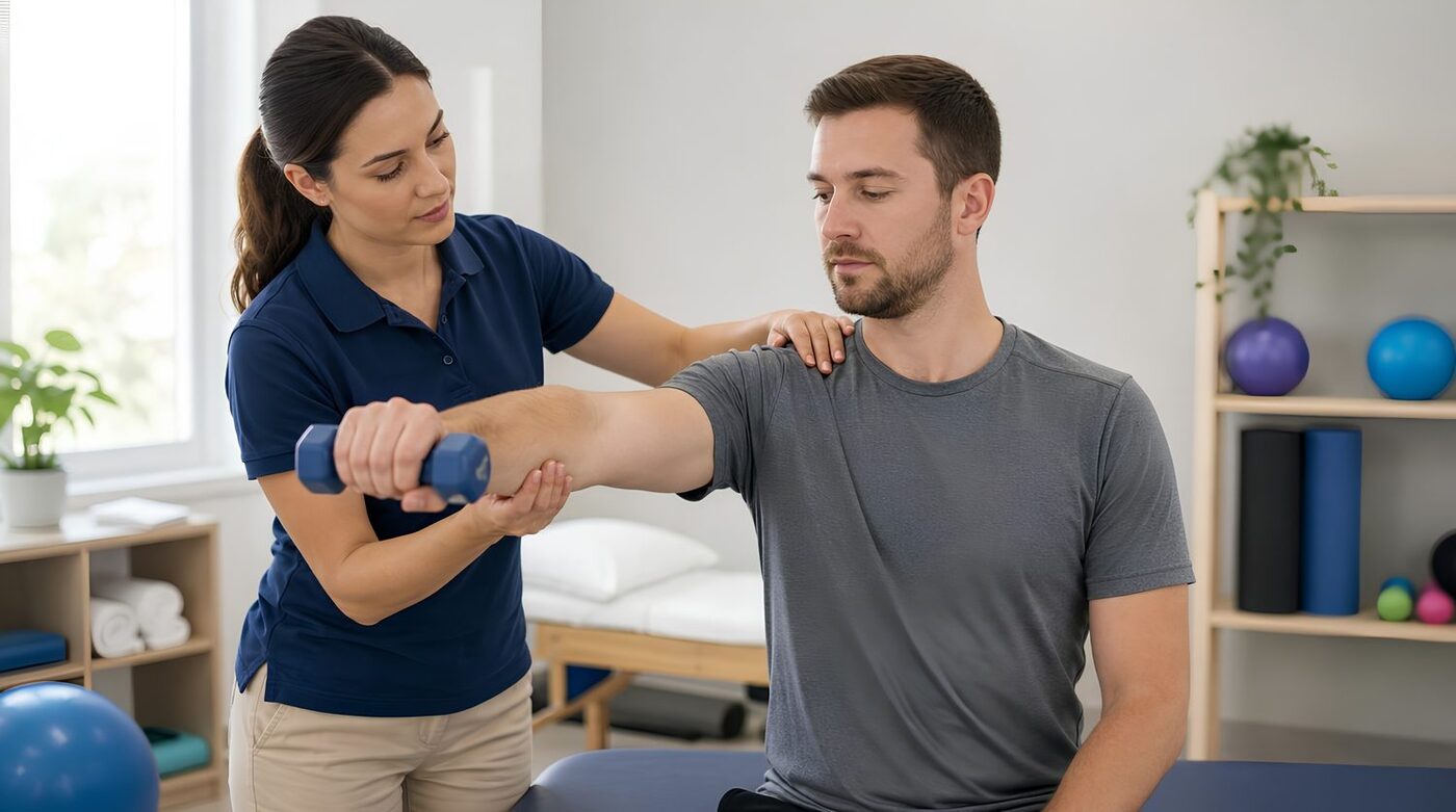 A therapist guiding a patient through a supported shoulder raise