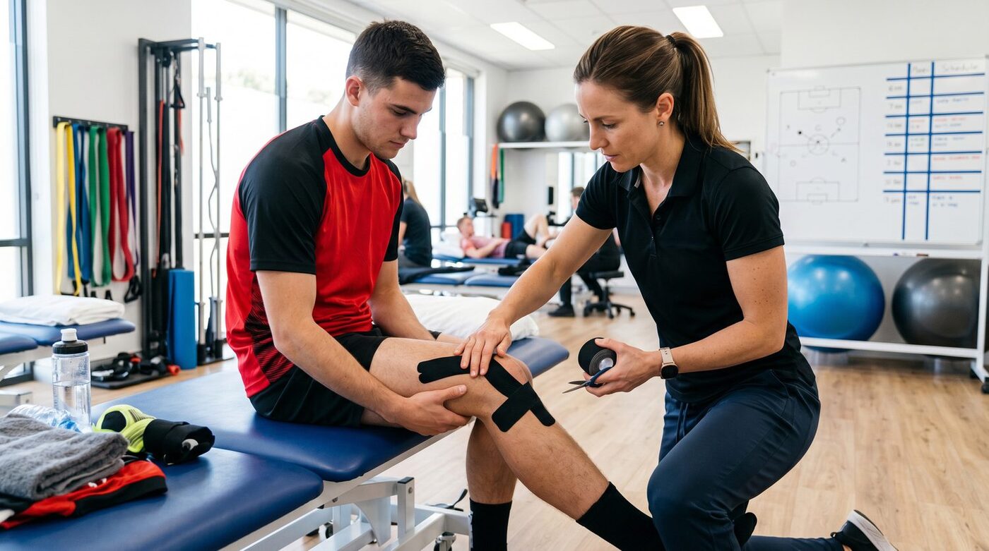 A therapist taping an athlete's knee in the training gym
