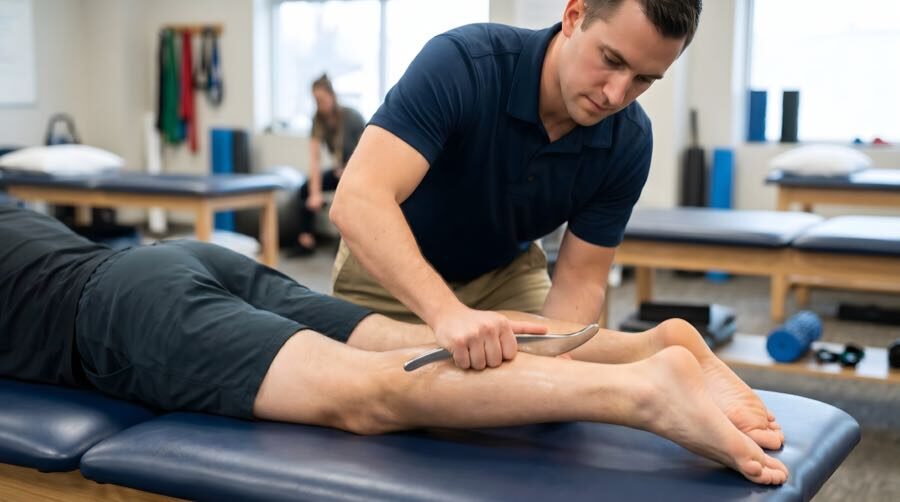Physical therapist using a Graston instrument along a patient's calf