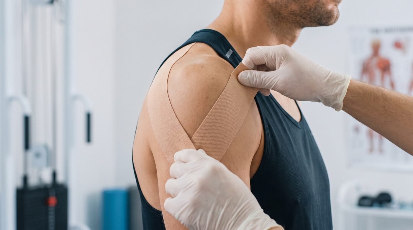 A Sports & Ortho therapist applying kinesio tape to a patient