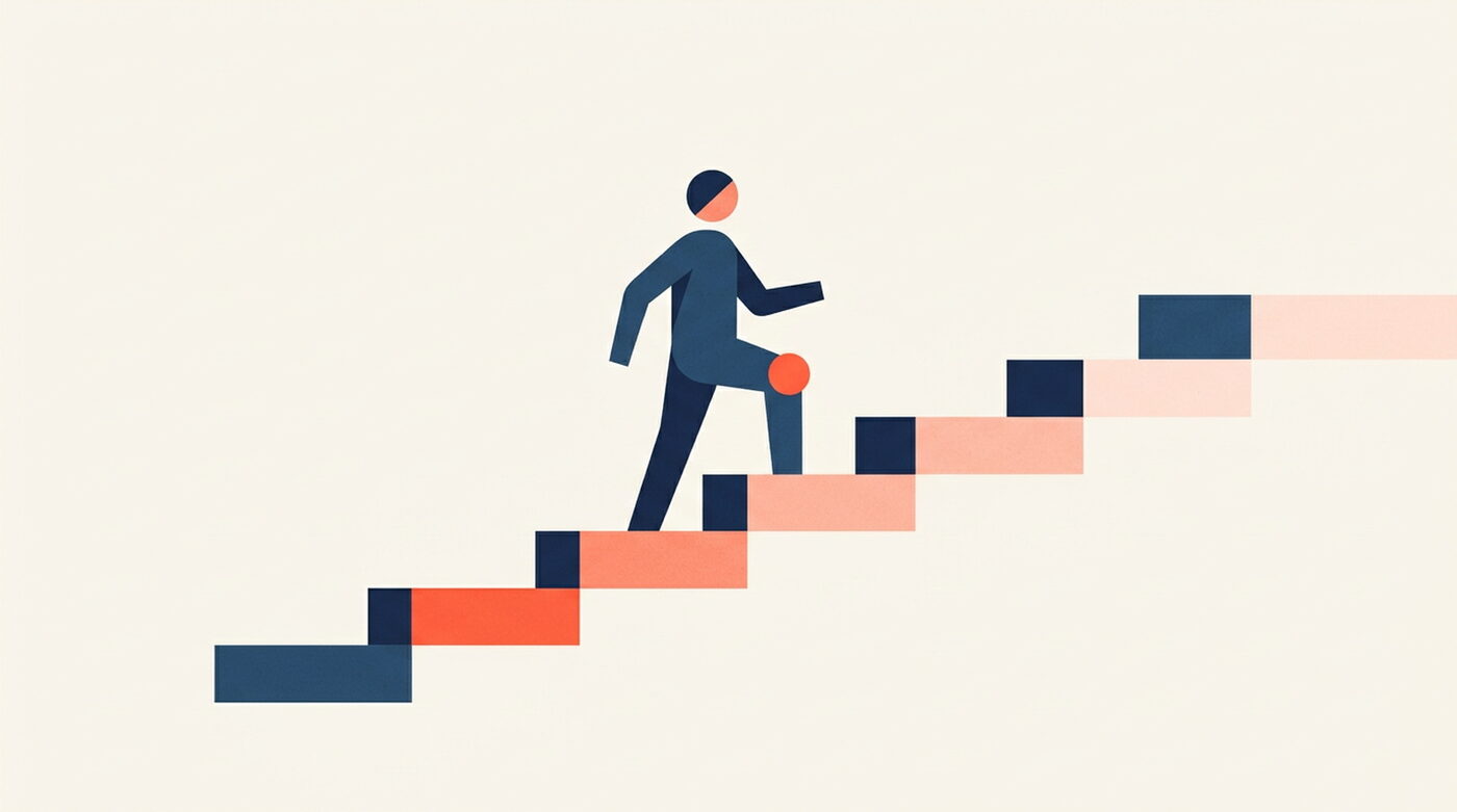 An illustration of a figure climbing a series of ascending steps, one knee marked, representing a step by step ACL recovery