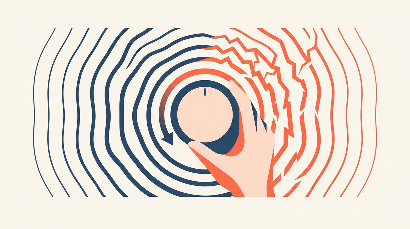 An illustration of a dial being turned down, with jagged waves resolving into calm ones