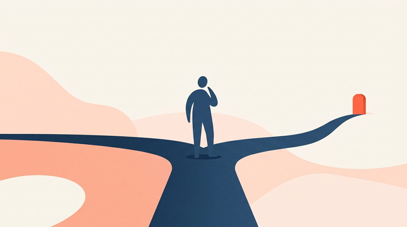 An illustration of a figure standing where a path splits in two