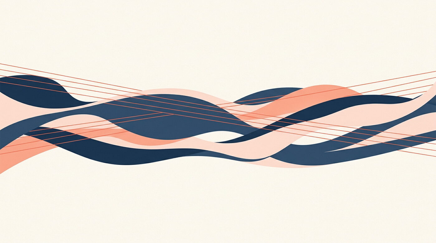 An illustration of flowing muscle-like ribbons with fine straight lines resting across them