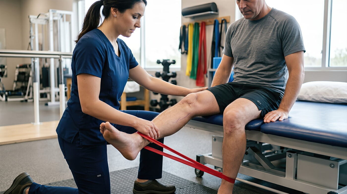 A physical therapist guiding a seated patient through resistance band knee exercises during ACL rehab