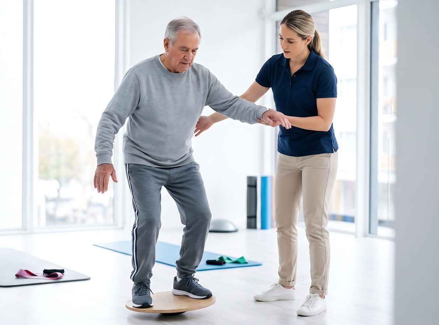A physical therapist guiding an older adult through a balance board exercise