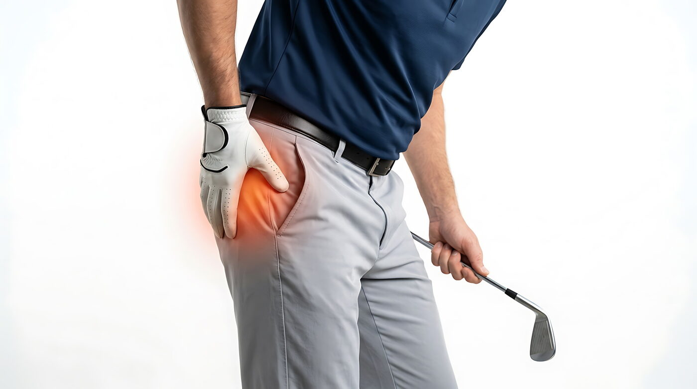 A golfer holding a club with one hand resting on his hip, the hip highlighted to indicate pain