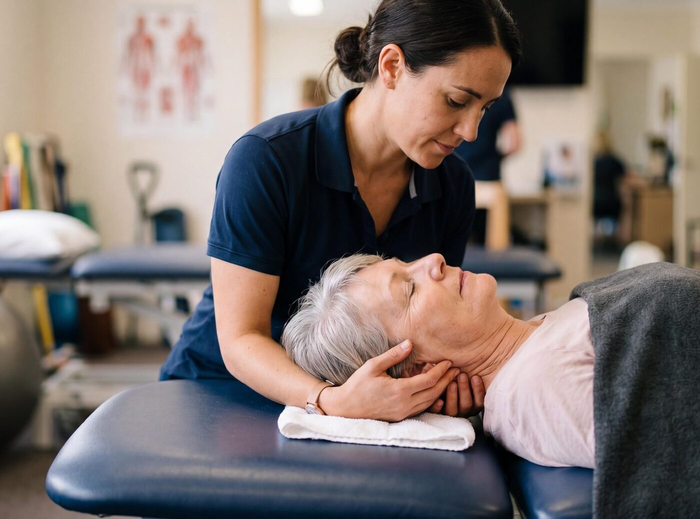A therapist gently positioning an older patient's head and neck during vestibular treatment