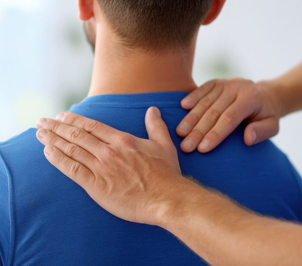 A therapist's hands assessing a patient's upper back and shoulders